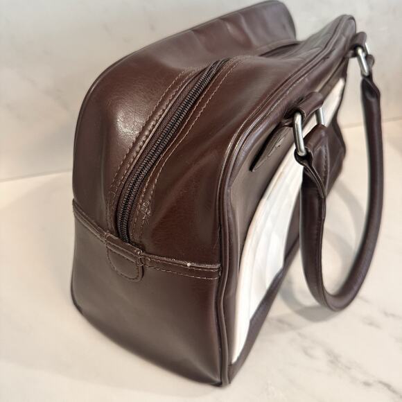 80s 90s Retro Puma Vinyl Brown Messenger Bag Purse Small Duffel - Picture 10 of 16